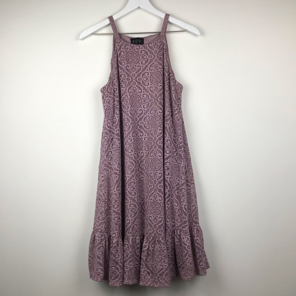 Auw Lavender Purple Halter Lace Peplum Dress